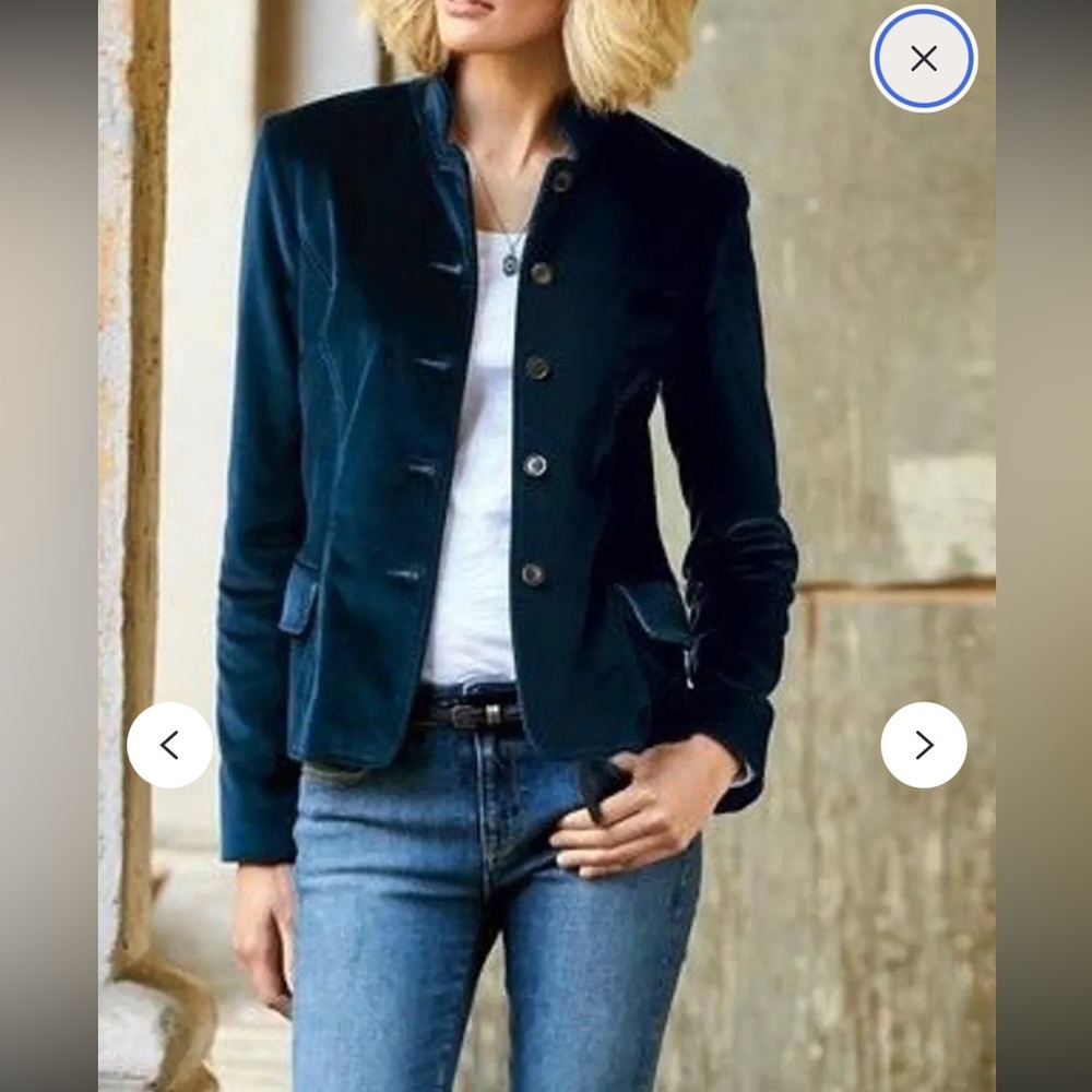 Peruvian Connection Teal Velvet Stand-Collar Blazer